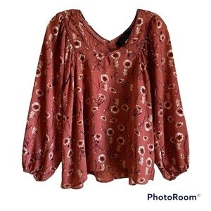 Francescas blue rain long balloon sleeve pink top with white flowers size XS